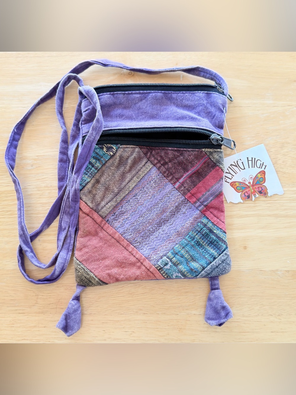 Flying High Foot Path Purple Patchwork Crossbody Bag Boho Nepal Cotton NWT